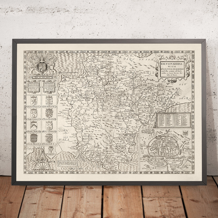 Ancienne Carte de Devon, 1611 par John Speed ​​- Plymouth, Exeter, Torquay, Paignton, Exmouth, Barnstaples