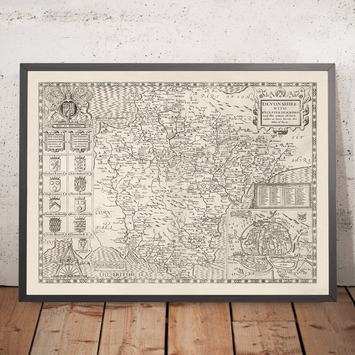 Alte Karte von Devon, 1611 von John Speed - Plymouth, Exeter, Torquay, Paignton, Exmouth, Barnstaple 