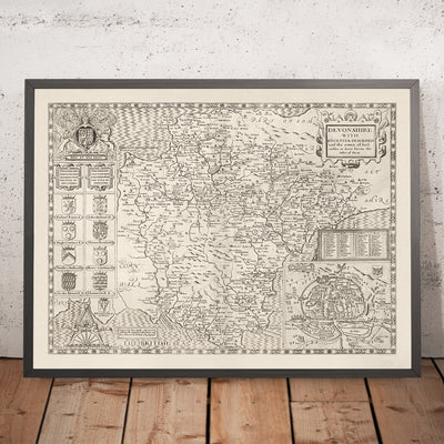 Alte Karte von Devon, 1611 von John Speed - Plymouth, Exeter, Torquay, Paignton, Exmouth, Barnstaple 