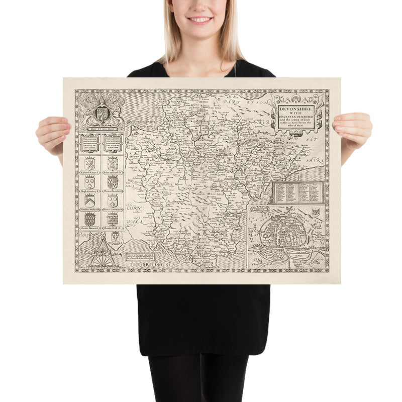 Ancienne Carte de Devon, 1611 par John Speed ​​- Plymouth, Exeter, Torquay, Paignton, Exmouth, Barnstaples