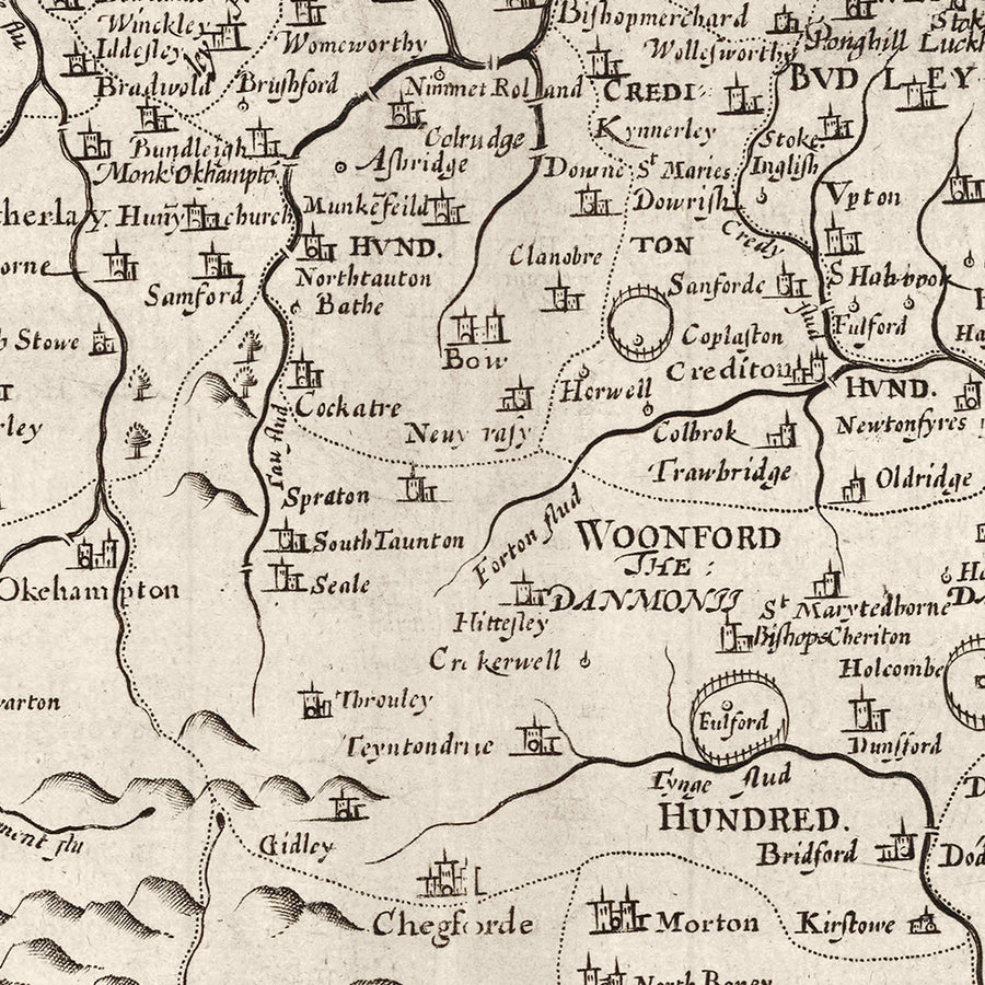 Ancienne Carte de Devon, 1611 par John Speed ​​- Plymouth, Exeter, Torquay, Paignton, Exmouth, Barnstaples
