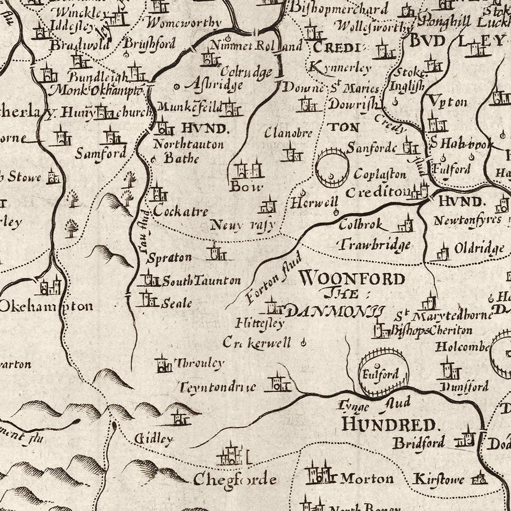 Alte Karte von Devon, 1611 von John Speed - Plymouth, Exeter, Torquay, Paignton, Exmouth, Barnstaple 
