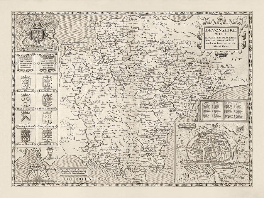 Ancienne Carte de Devon, 1611 par John Speed ​​- Plymouth, Exeter, Torquay, Paignton, Exmouth, Barnstaples