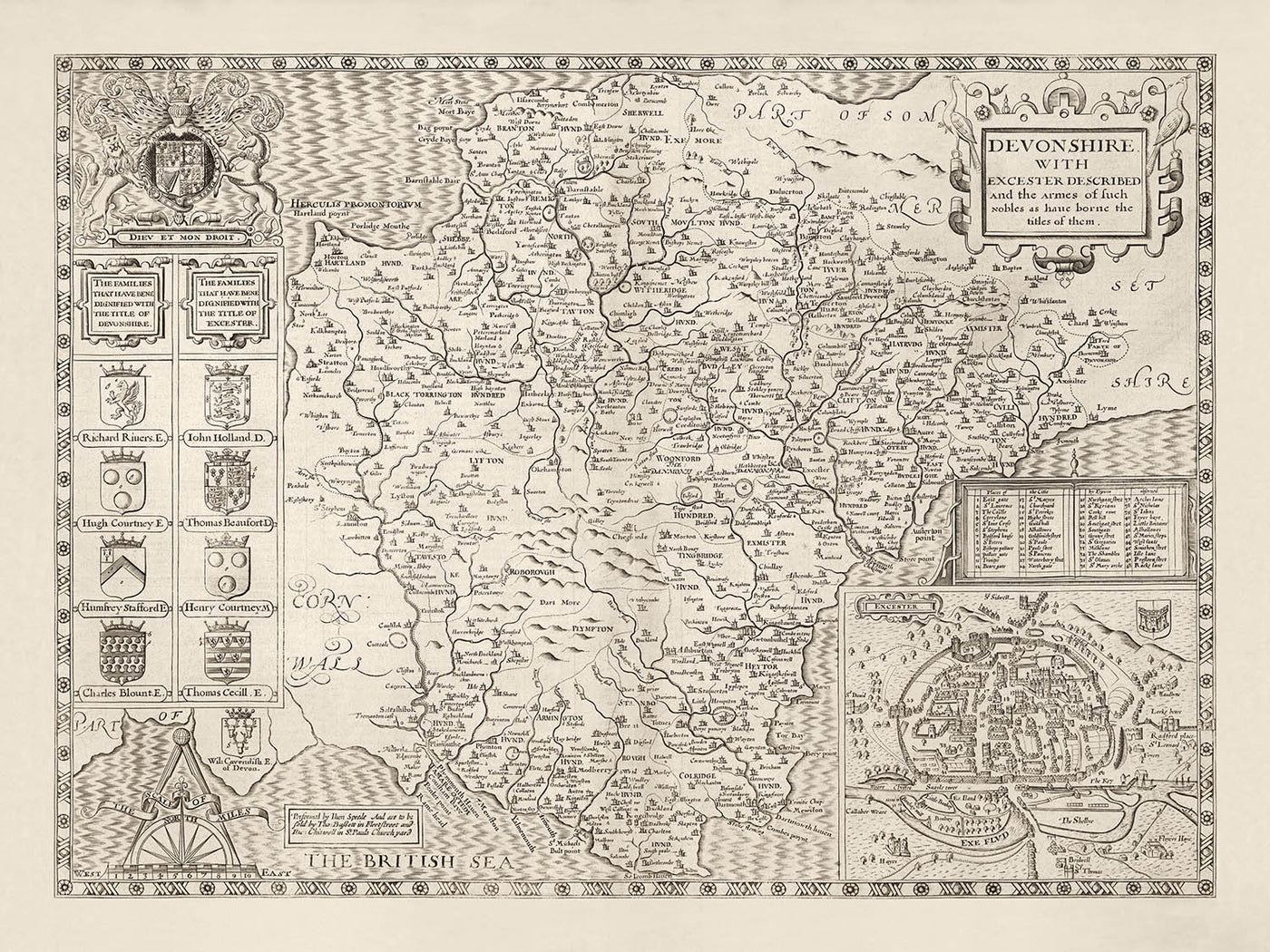 Alte Karte von Devon, 1611 von John Speed - Plymouth, Exeter, Torquay, Paignton, Exmouth, Barnstaple 