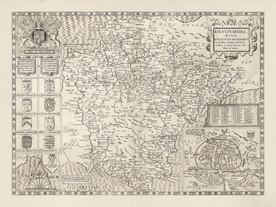 Alte Karte von Devon, 1611 von John Speed - Plymouth, Exeter, Torquay, Paignton, Exmouth, Barnstaple 