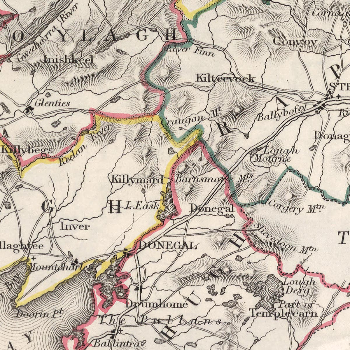Alte Karte des County Donegal von Samuel Lewis, 1844: Ballyshannon, Letterkenny, Dunfanaghy, Killybegs, Glenveagh Nationalpark 