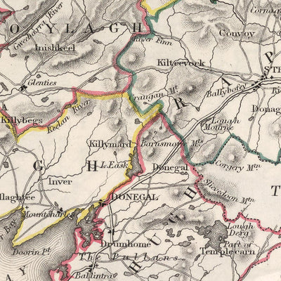 Alte Karte des County Donegal von Samuel Lewis, 1844: Ballyshannon, Letterkenny, Dunfanaghy, Killybegs, Glenveagh Nationalpark 