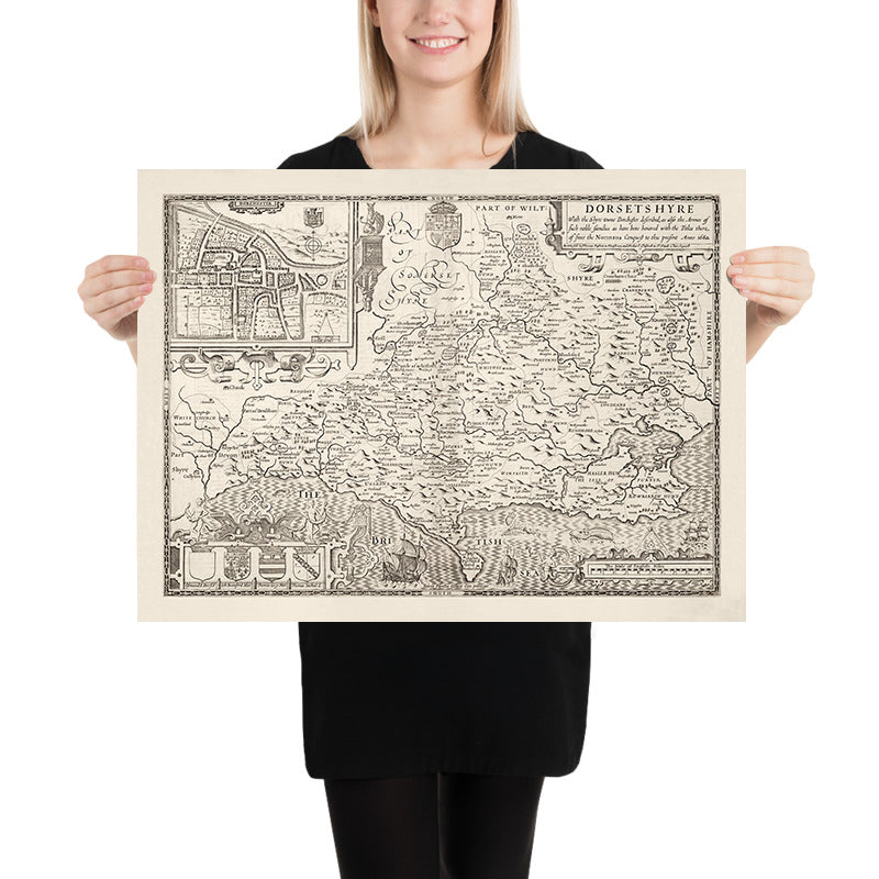 Ancienne carte de Dorset en 1611 par John Speed ​​- Poole, Weymouth, Dorchester, Bridport, Lyme Regis