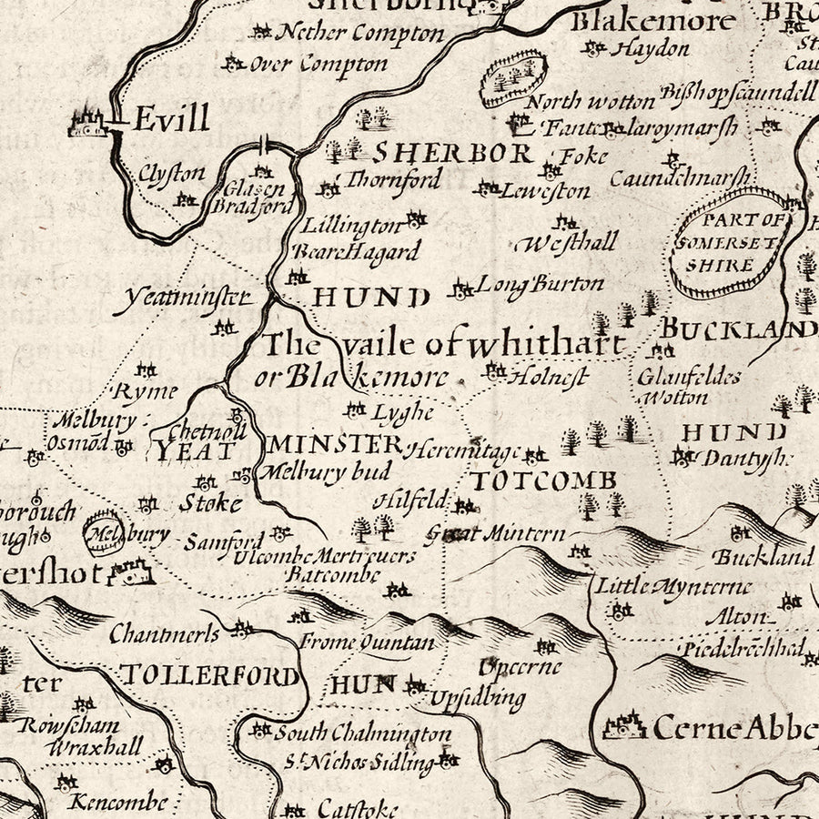Ancienne carte de Dorset en 1611 par John Speed ​​- Poole, Weymouth, Dorchester, Bridport, Lyme Regis