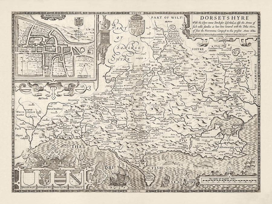 Ancienne carte de Dorset en 1611 par John Speed ​​- Poole, Weymouth, Dorchester, Bridport, Lyme Regis