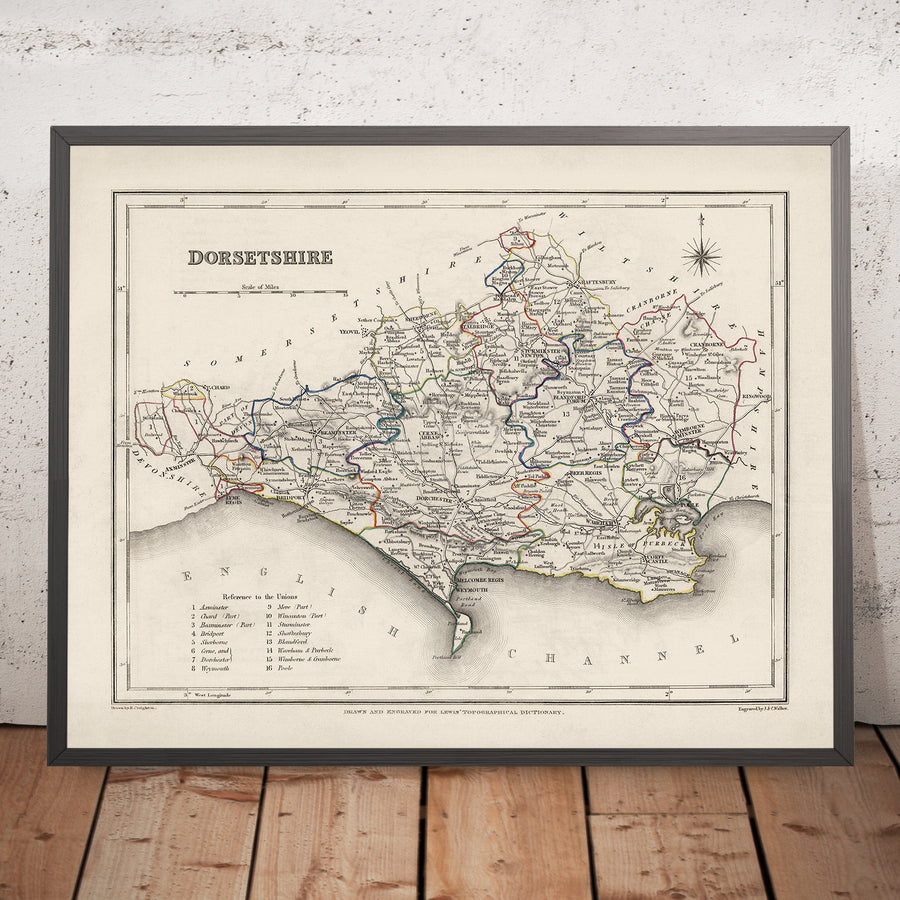 Ancienne carte du Dorset par Samuel Lewis, 1844 : Blandford Forum, Bridport, Lyme Regis, Shaftesbury, Wimborne Minster