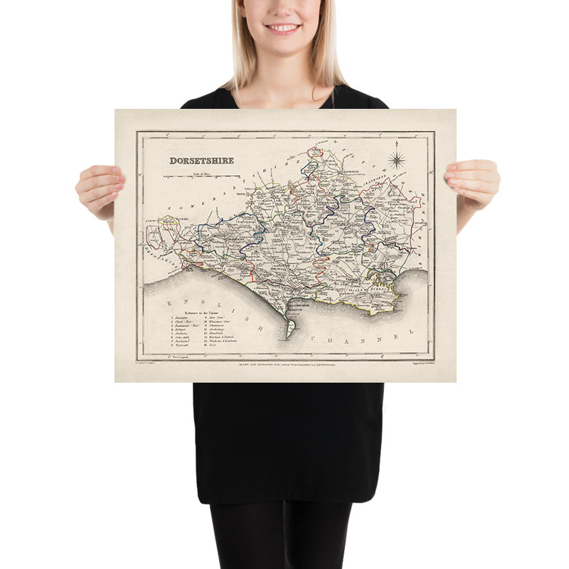 Ancienne carte du Dorset par Samuel Lewis, 1844 : Blandford Forum, Bridport, Lyme Regis, Shaftesbury, Wimborne Minster