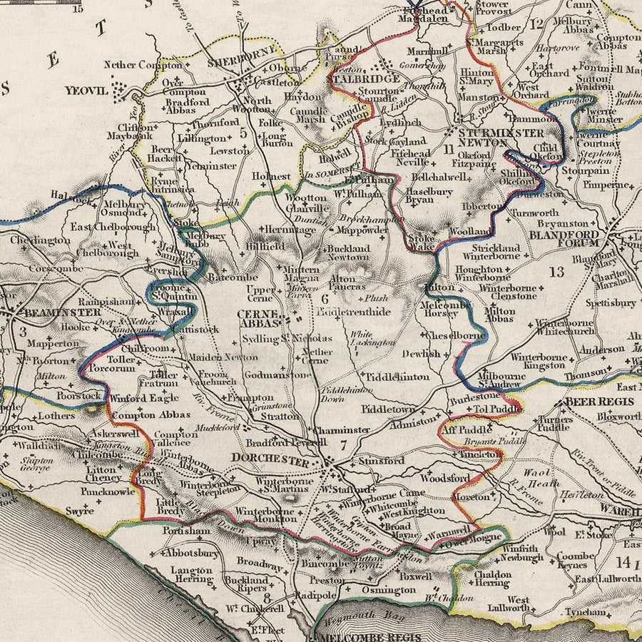 Ancienne carte du Dorset par Samuel Lewis, 1844 : Blandford Forum, Bridport, Lyme Regis, Shaftesbury, Wimborne Minster