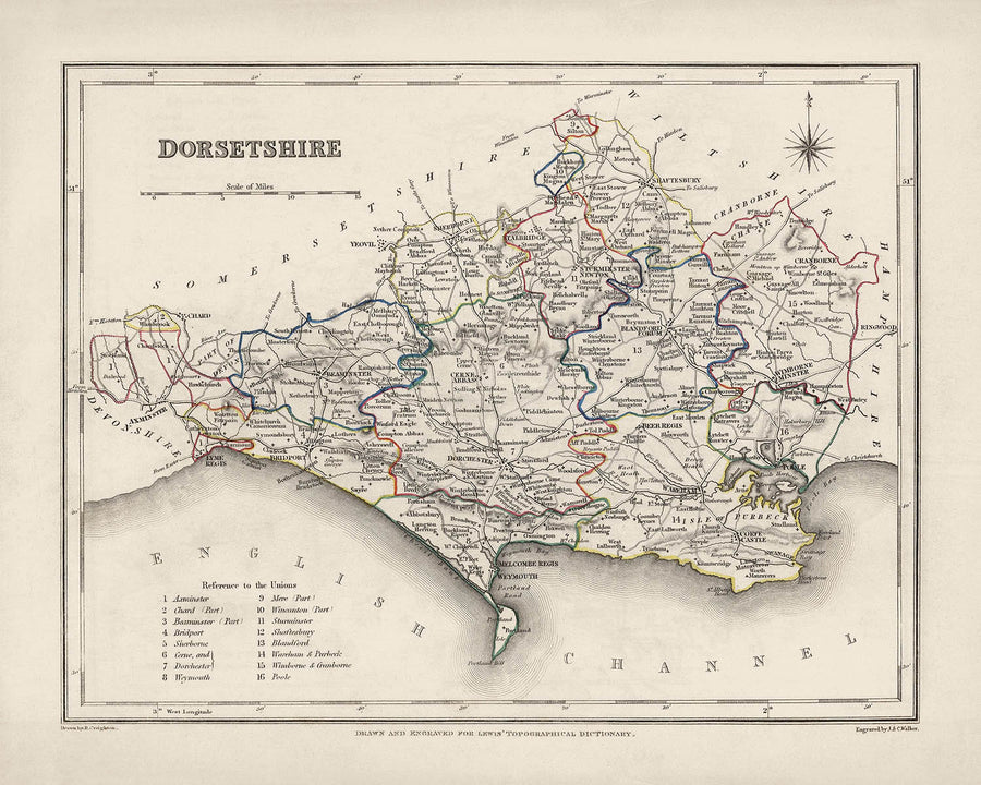 Ancienne carte du Dorset par Samuel Lewis, 1844 : Blandford Forum, Bridport, Lyme Regis, Shaftesbury, Wimborne Minster