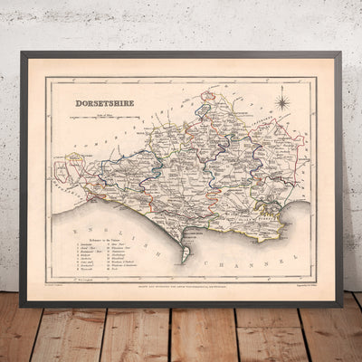 Alte Karte von Dorset von Samuel Lewis, 1844: Blandford Forum, Bridport, Lyme Regis, Shaftesbury, Wimborne Minster