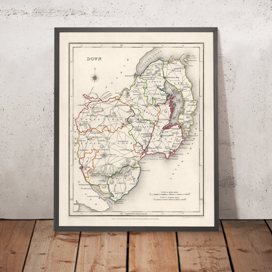 Mapa antiguo del condado de Down por Samuel Lewis, 1844: Belfast, Bangor, Newtownards, Holywood y Strangford