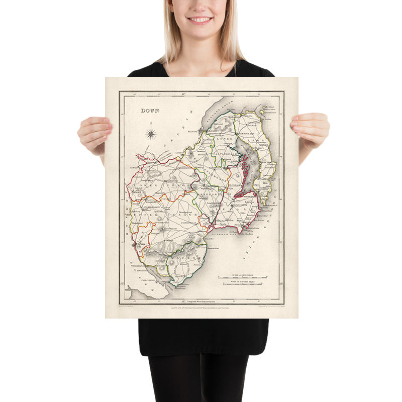 Mapa antiguo del condado de Down por Samuel Lewis, 1844: Belfast, Bangor, Newtownards, Holywood y Strangford