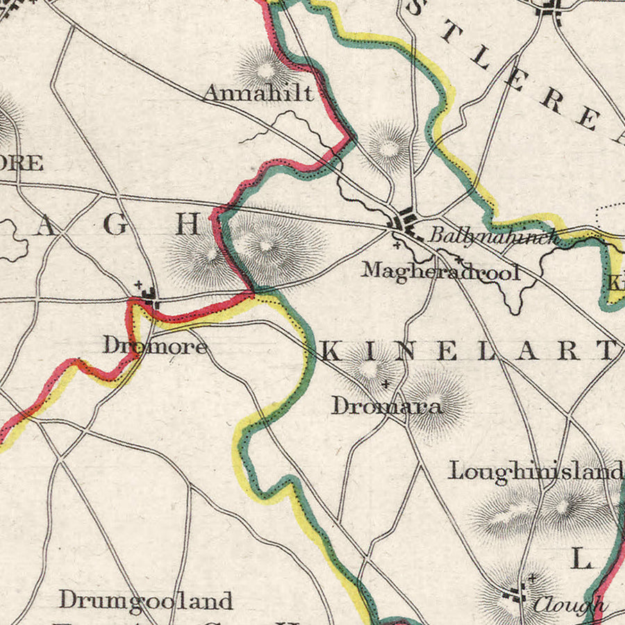 Mapa antiguo del condado de Down por Samuel Lewis, 1844: Belfast, Bangor, Newtownards, Holywood y Strangford