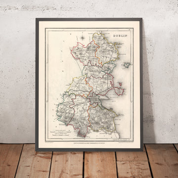Alte Karte des County Dublin von Samuel Lewis, 1844: Balbriggan, Swords, Malahide, Skerries, Liffey 