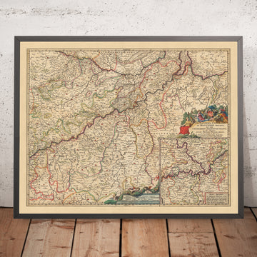 Mappa antica dei ducati di Jülich, Cleves e Berg di Visscher, 1690: Düsseldorf, Essen, Colonia, Bonn, Dortmund 