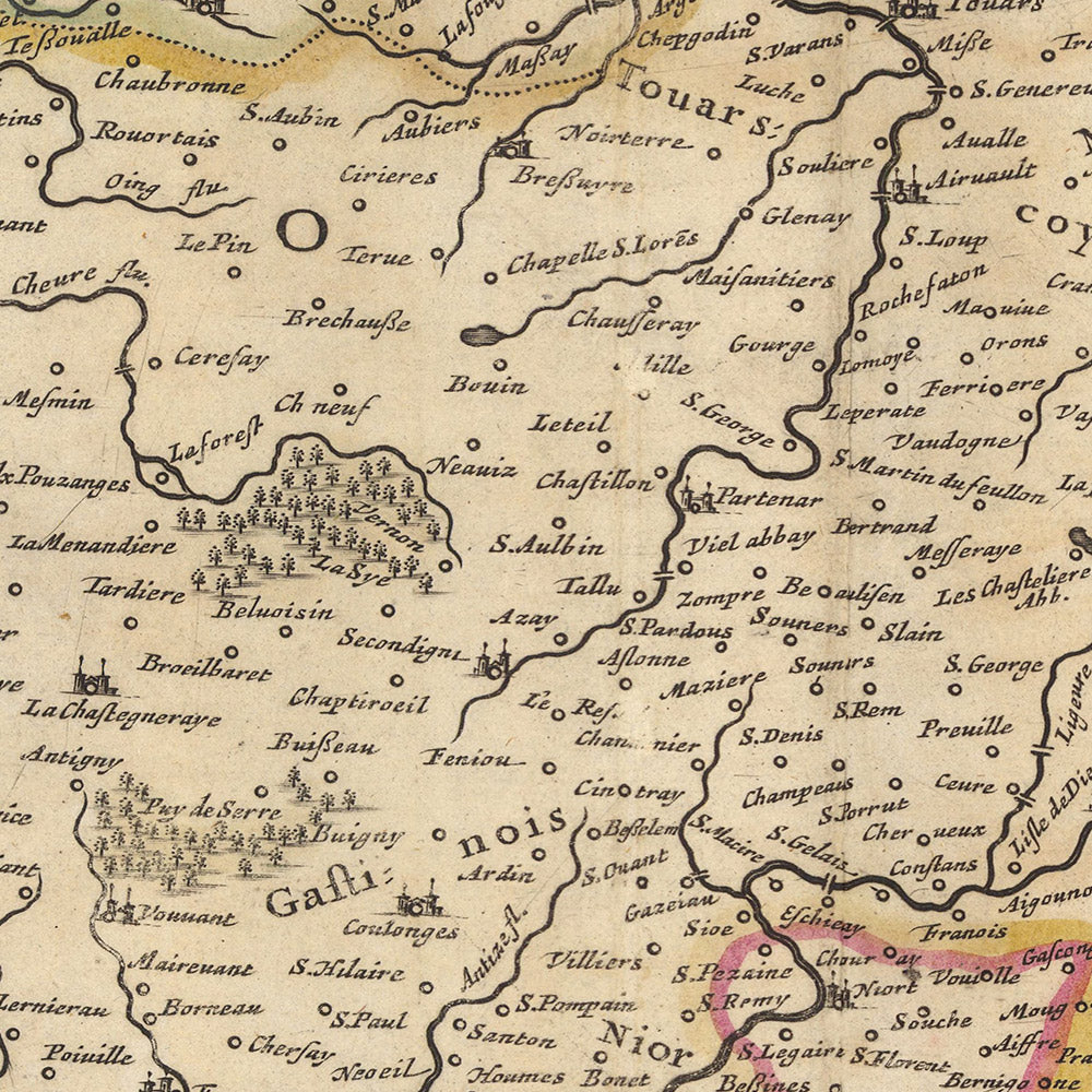 Alte Karte des Herzogtums Poitou von Visscher, 1690: Nantes, Angers, Poitiers, La Rochelle, Regionaler Naturpark Marais Poitevin