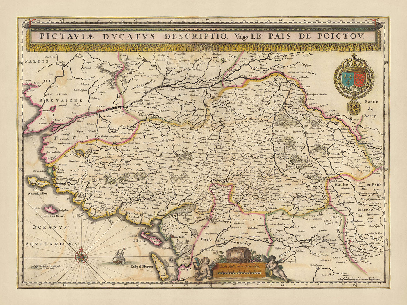 Alte Karte des Herzogtums Poitou von Visscher, 1690: Nantes, Angers, Poitiers, La Rochelle, Regionaler Naturpark Marais Poitevin