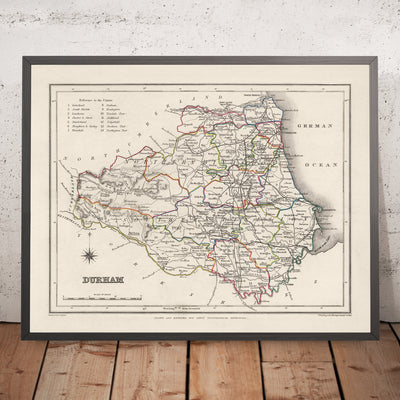 Ancienne carte de Durham par Samuel Lewis, 1844 : Sunderland, Stockton-on-Tees, Hartlepool, Bishop Auckland, Darlington