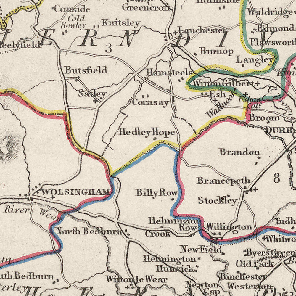 Ancienne carte de Durham par Samuel Lewis, 1844 : Sunderland, Stockton-on-Tees, Hartlepool, Bishop Auckland, Darlington