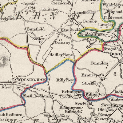 Ancienne carte de Durham par Samuel Lewis, 1844 : Sunderland, Stockton-on-Tees, Hartlepool, Bishop Auckland, Darlington