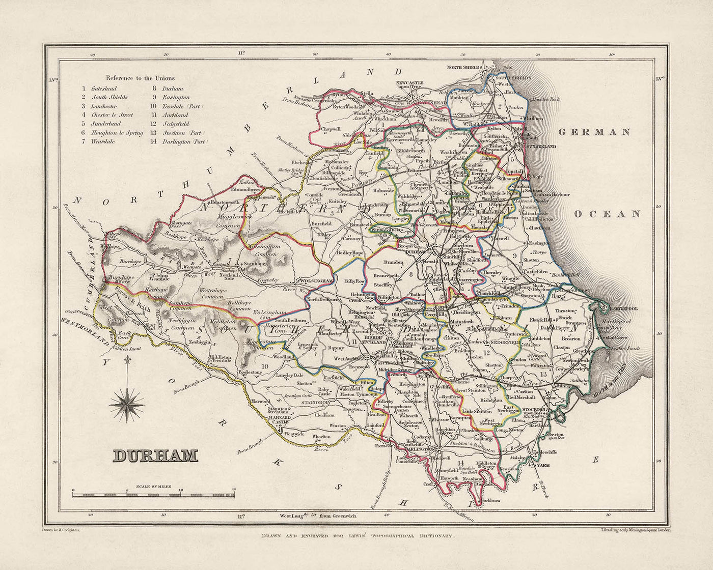 Ancienne carte de Durham par Samuel Lewis, 1844 : Sunderland, Stockton-on-Tees, Hartlepool, Bishop Auckland, Darlington
