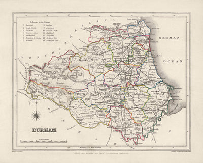 Ancienne carte de Durham par Samuel Lewis, 1844 : Sunderland, Stockton-on-Tees, Hartlepool, Bishop Auckland, Darlington