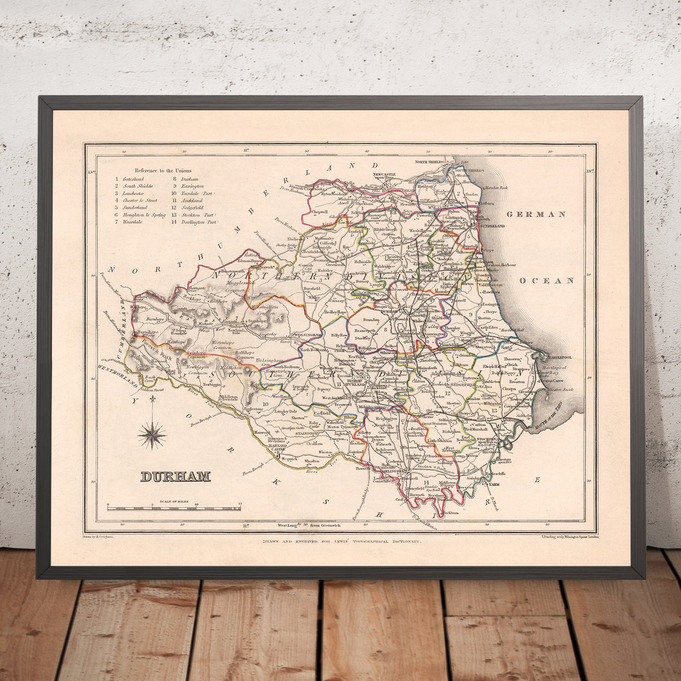 Mapa antiguo de Durham por Samuel Lewis, 1844: Sunderland, Stockton-on-Tees, Hartlepool, Bishop Auckland, Darlington