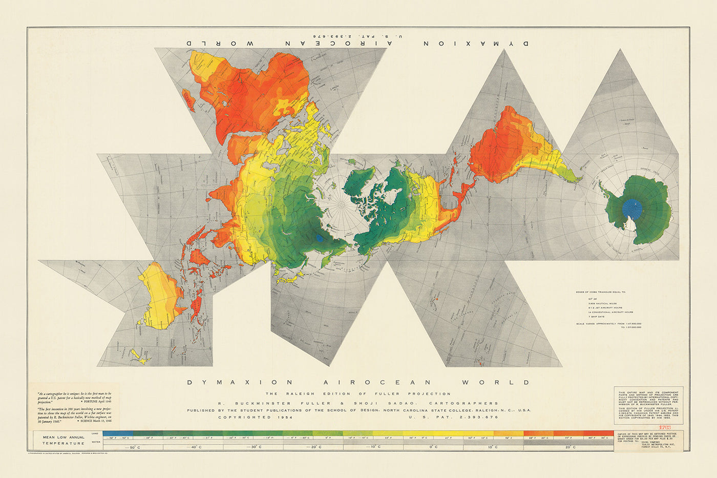 Carte du vieux monde de Dymaxion Airocean par Fuller, 1954 : projection icosaédrique, Terre à une île, inscrite