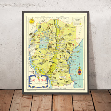 Old Pictorial Map of East Africa by Mathews, 1949: Serengeti, Kilimanjaro, Kenya, Tanzania, Uganda
