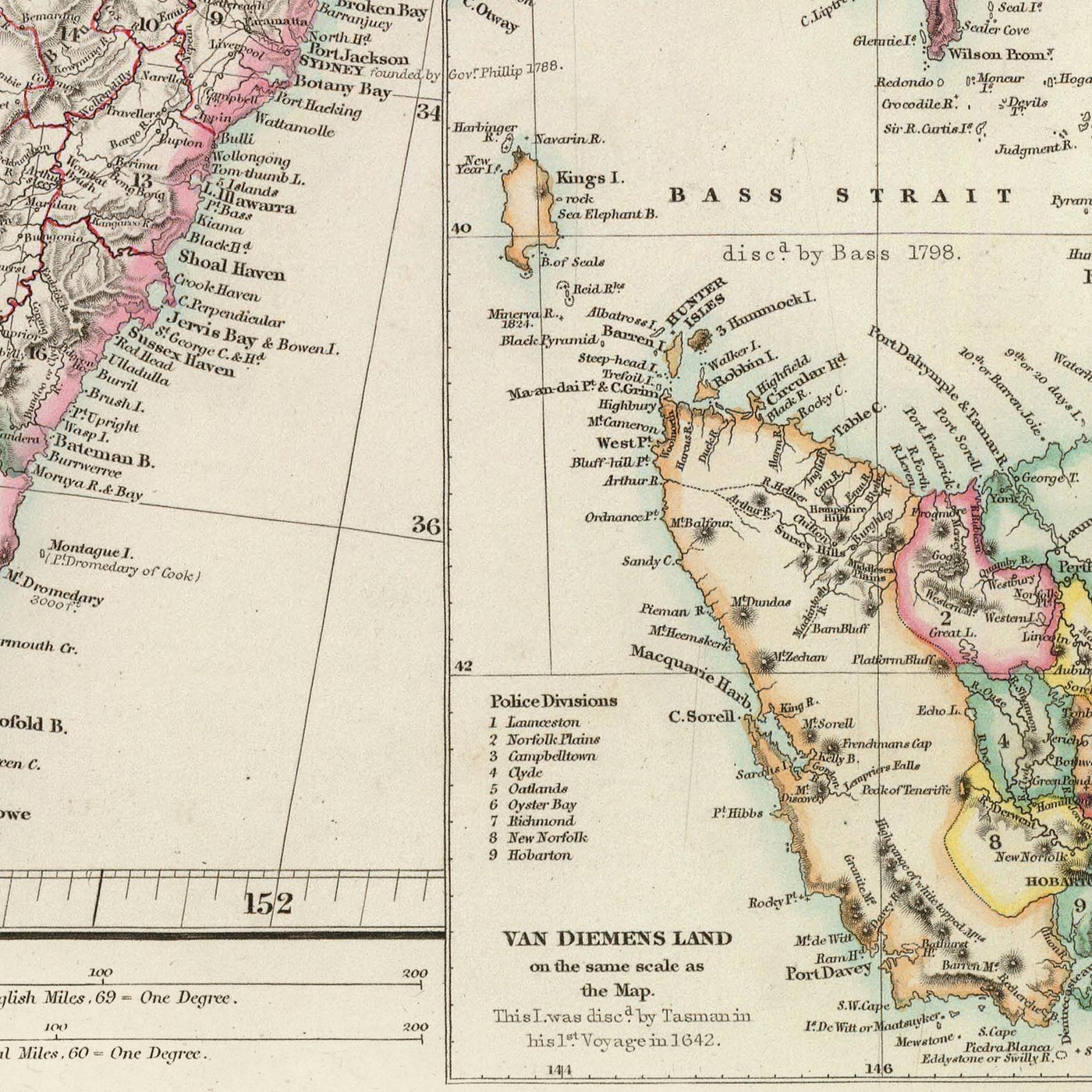 Alte Karte von Australien im Osten von Arrowsmith, 1844: Sydney, Adelaide, Hobart, Carpentaria, Tasmanien 