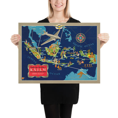Old Map of Dutch East Indies Airplane Routes by Wijga, 1935: Art Deco, Airline Routes, Cultural Illustrations