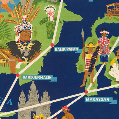 Antiguo mapa infográfico de las rutas de aviones de las Indias Orientales Holandesas por Wijga, 1935: Art Déco, rutas aéreas, ilustraciones culturales