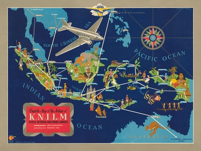 Ancienne carte infographique des routes aériennes des Indes néerlandaises par Wijga, 1935 : Art déco, routes aériennes, illustrations culturelles