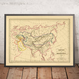 Antica mappa dell'Impero Mongolo di Malte-Brun, 1837: Karakorum, Persia, India, Cina 