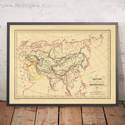 Mapa antiguo del Imperio mongol de Malte-Brun, 1837: Karakorum, Ruta de la Seda, Persia, India, China