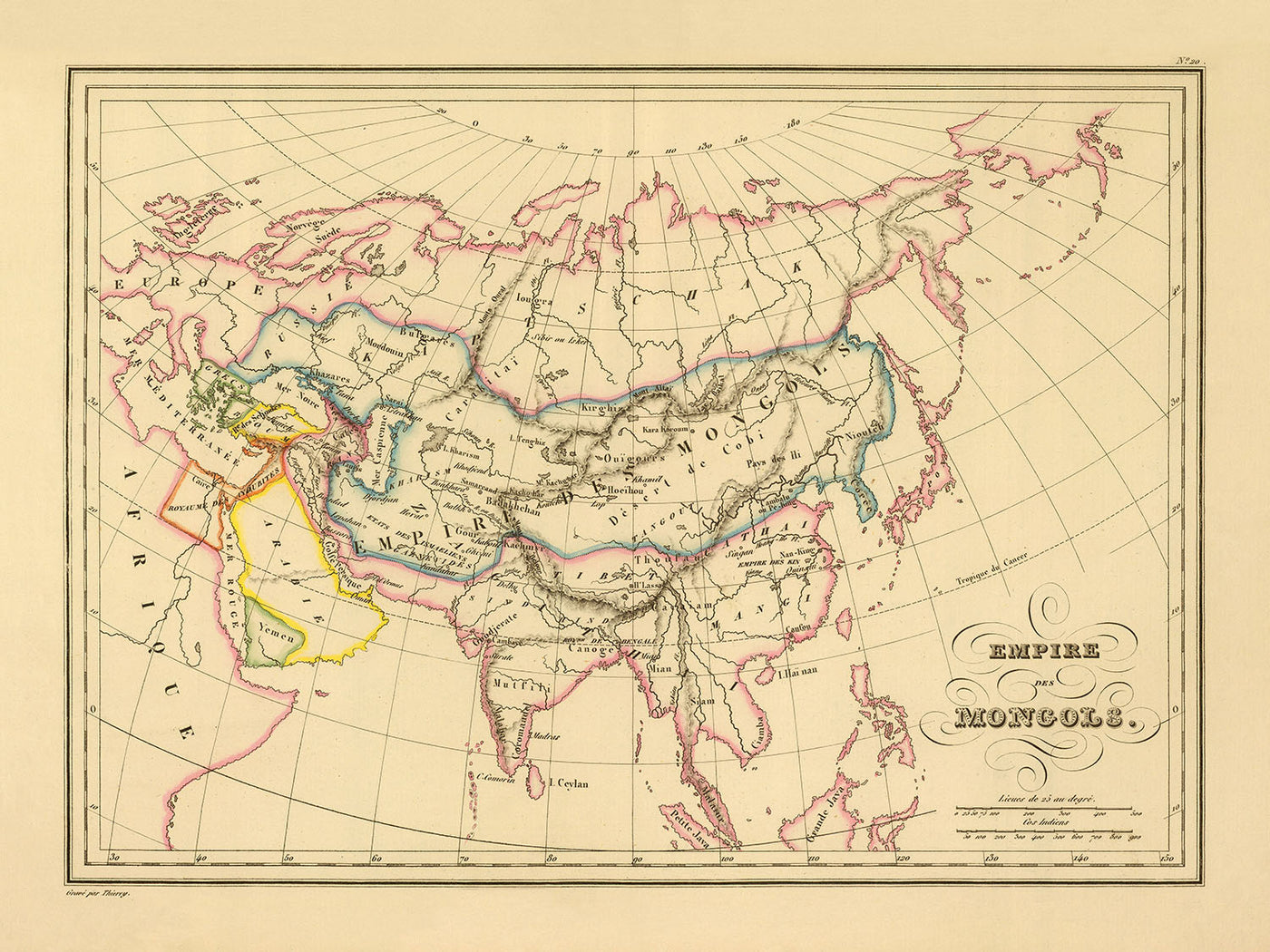 Mapa antiguo del Imperio mongol de Malte-Brun, 1837: Karakorum, Ruta de la Seda, Persia, India, China