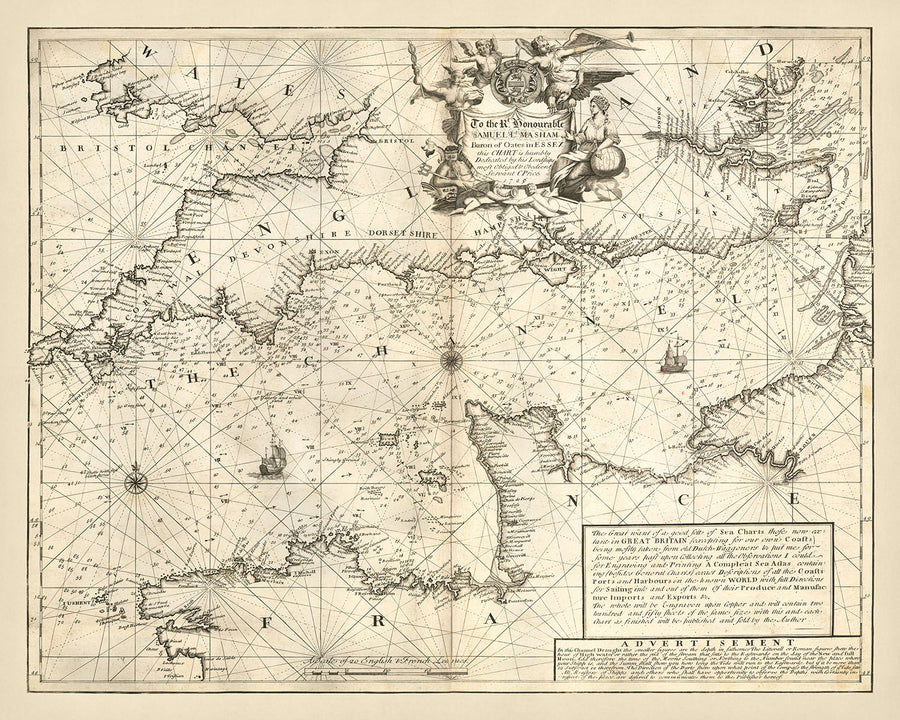 Alter Seekarte des Ärmelkanals von Price, 1729: La Manche, London, Bristol, Cherbourg, Saint-Malo 