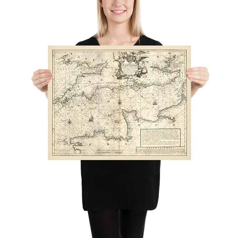 Alter Seekarte des Ärmelkanals von Price, 1729: La Manche, London, Bristol, Cherbourg, Saint-Malo 