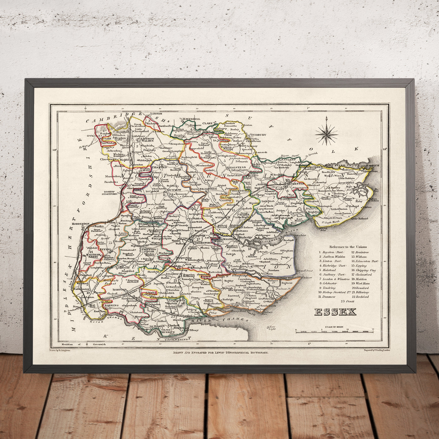 Ancienne carte de l'Essex, 1844, par Samuel Lewis - Great Eastern Railway, ECR, Chelmsford, Colchester