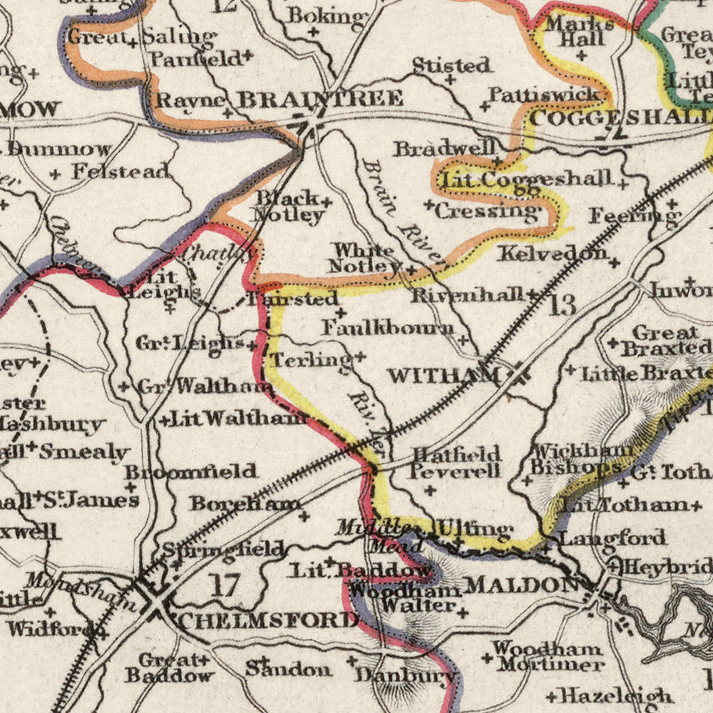 Ancienne carte de l'Essex, 1844, par Samuel Lewis - Great Eastern Railway, ECR, Chelmsford, Colchester