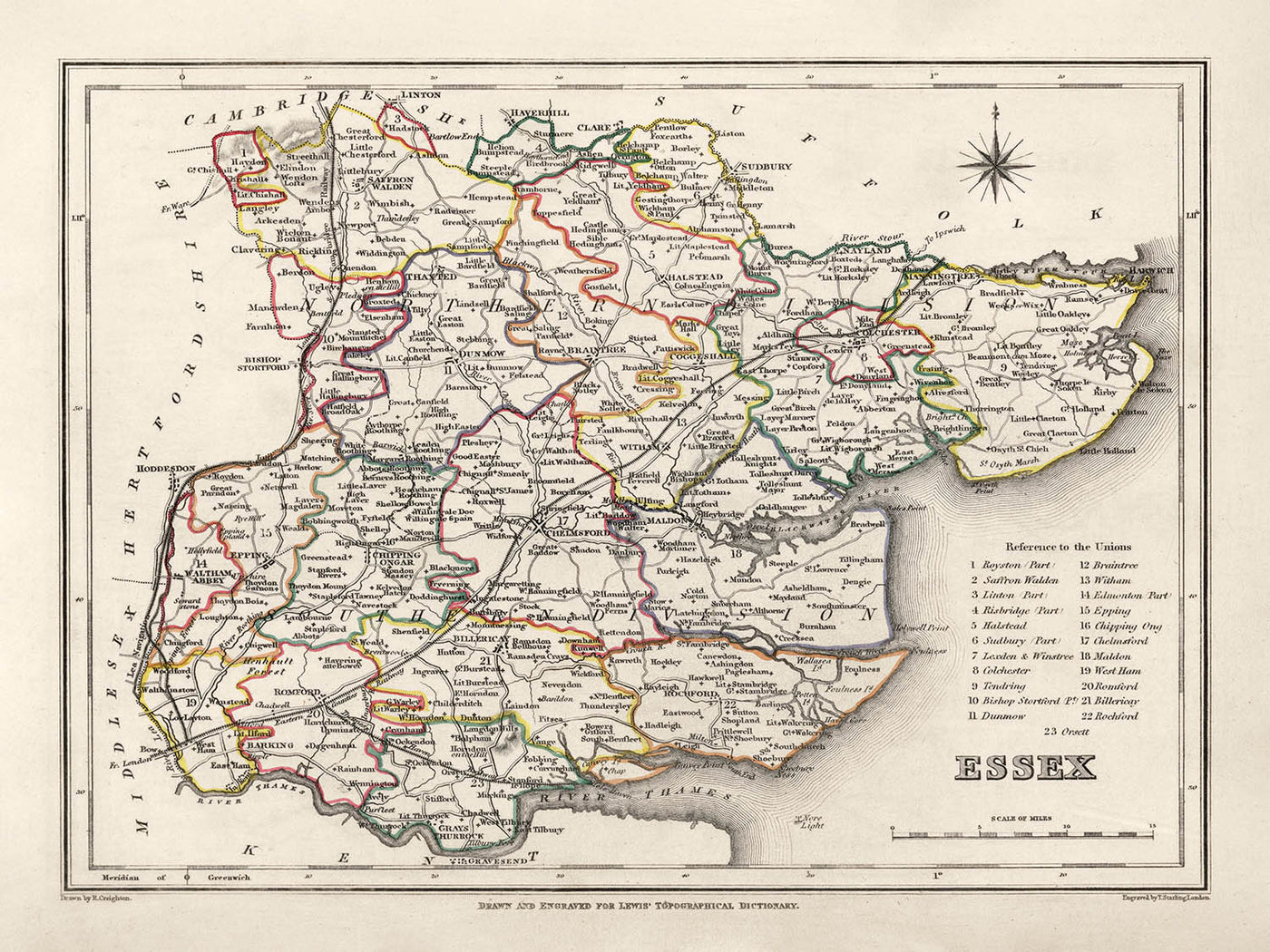 Ancienne carte de l'Essex, 1844, par Samuel Lewis - Great Eastern Railway, ECR, Chelmsford, Colchester