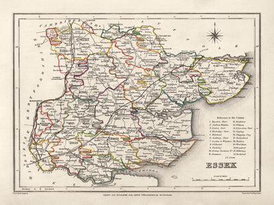 Ancienne carte de l'Essex, 1844, par Samuel Lewis - Great Eastern Railway, ECR, Chelmsford, Colchester