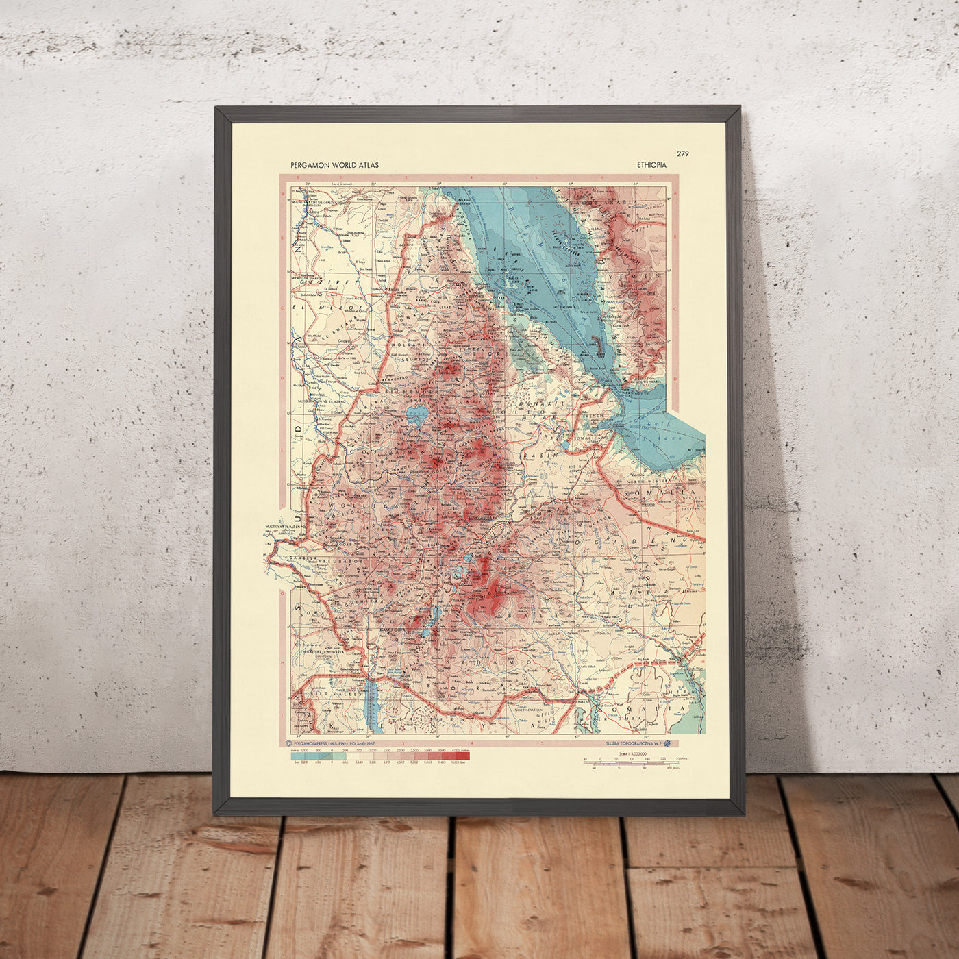 Mapa antiguo de Etiopía, 1967: Addis Abeba, montañas Simien, río Nilo Azul, guerra civil etíope, mapa político y físico detallado
