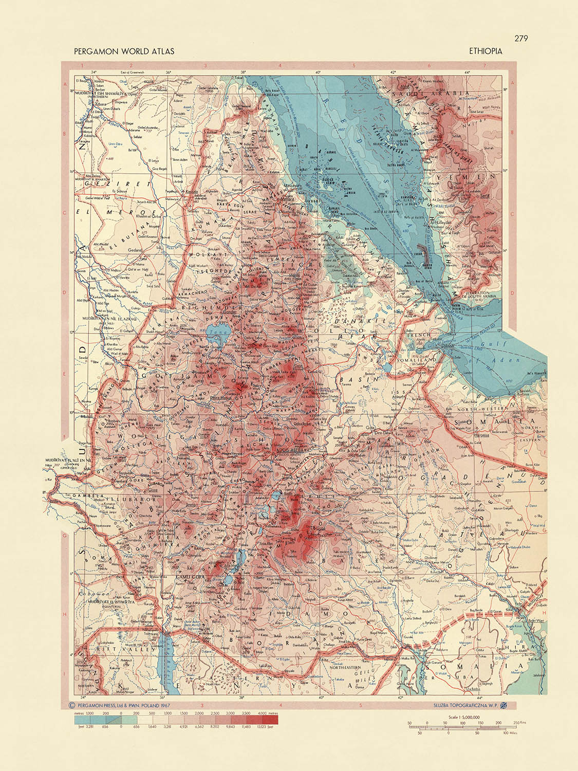 Mapa antiguo de Etiopía, 1967: Addis Abeba, montañas Simien, río Nilo Azul, guerra civil etíope, mapa político y físico detallado