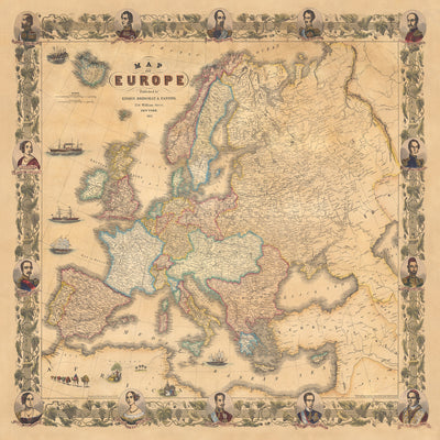Rare Old Map of Europe by Ensign, Bridgman & Fanning, 1855: Portraits of Victoria, Isabella, Napoleon, etc.